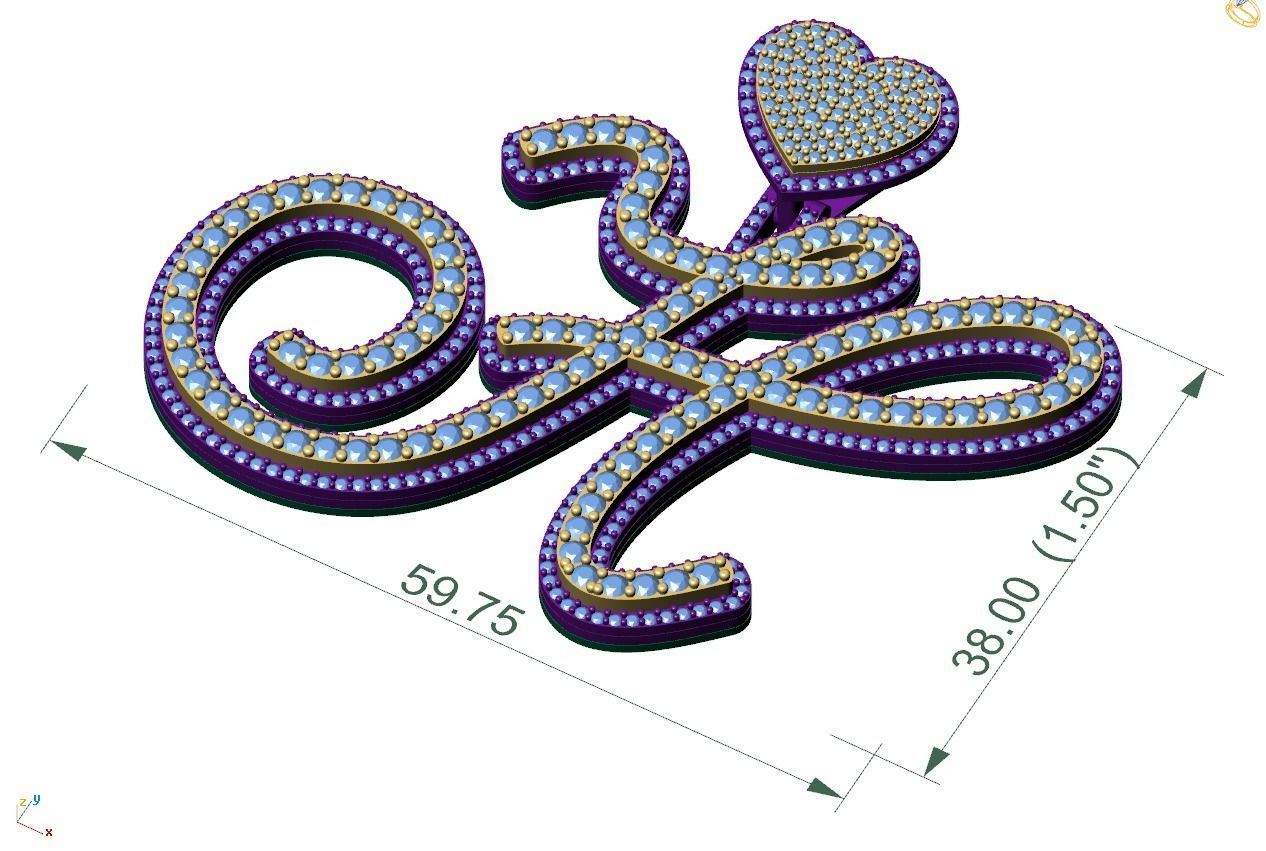 Custom Cursive Initial H Letter Diamond Pendant A to Z Alphabet 3D print model_4