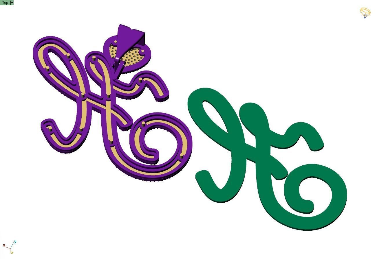 Custom Cursive Initial H Letter Diamond Pendant A to Z Alphabet 3D print model_11