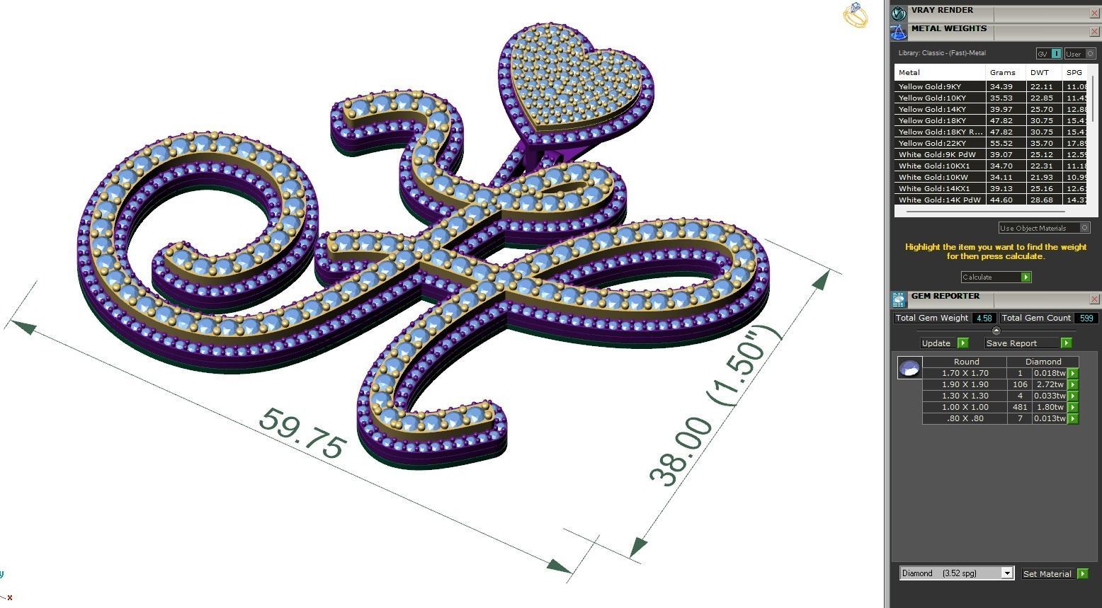 Custom Cursive Initial H Letter Diamond Pendant A to Z Alphabet 3D print model_6