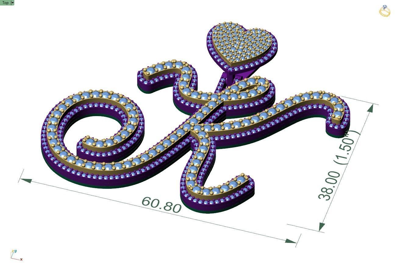 Custom Cursive Initial K Letter Diamond Pendant A to Z Alphabet 3D print model_4