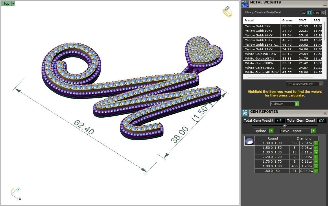 Custom Cursive Initial M Letter Diamond Pendant A to Z Alphabet 3D print model_6
