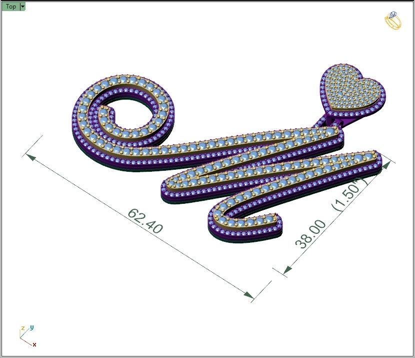 Custom Cursive Initial M Letter Diamond Pendant A to Z Alphabet 3D print model_4