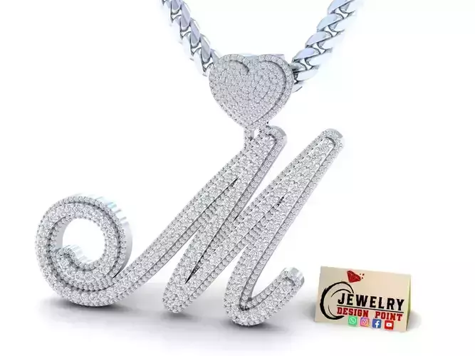 Custom Cursive Initial M Letter Diamond Pendant A to Z Alphabet 3D print model