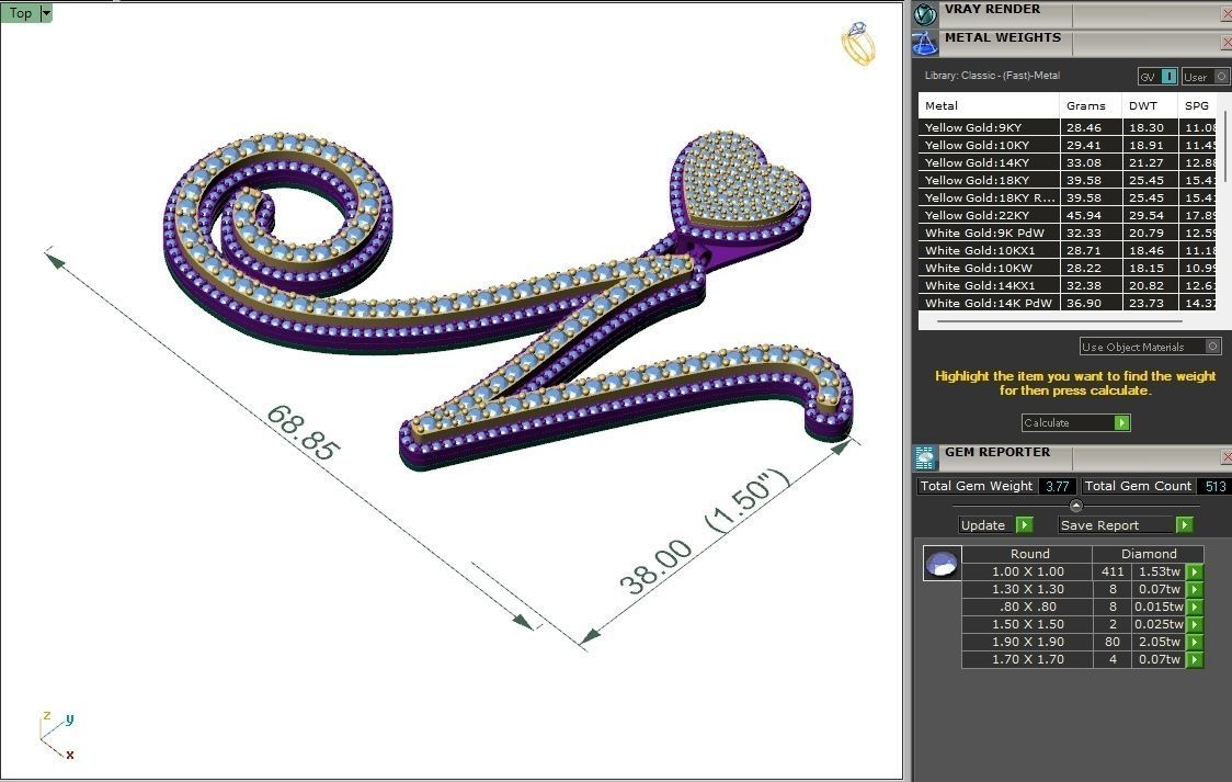 Custom Cursive Initial N Letter Diamond Pendant A to Z Alphabet 3D print model_6