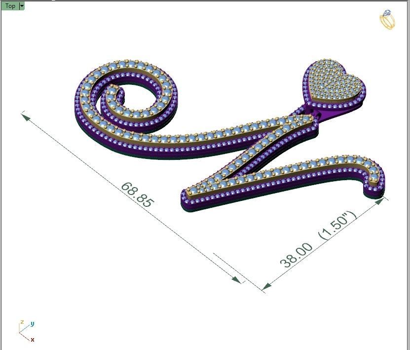 Custom Cursive Initial N Letter Diamond Pendant A to Z Alphabet 3D print model_4