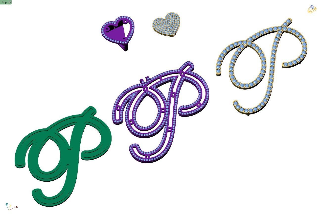 Custom Cursive Initial P Letter Diamond Pendant A to Z Alphabet 3D print model_12