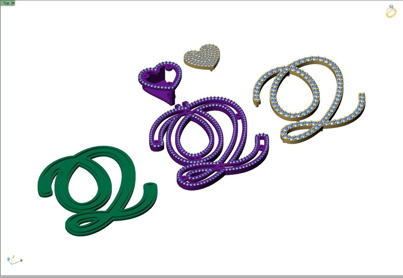 Custom Cursive Initial Q Letter Diamond Pendant A to Z Alphabet 3D print model_12