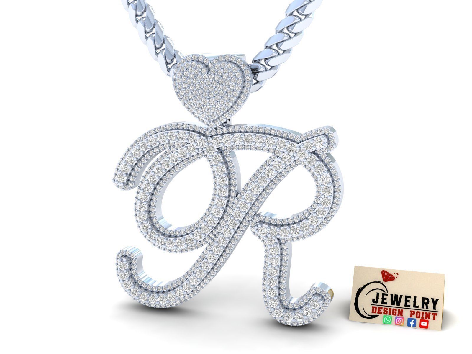Custom Cursive Initial R Letter Diamond Pendant A to Z Alphabet 3D print model_3