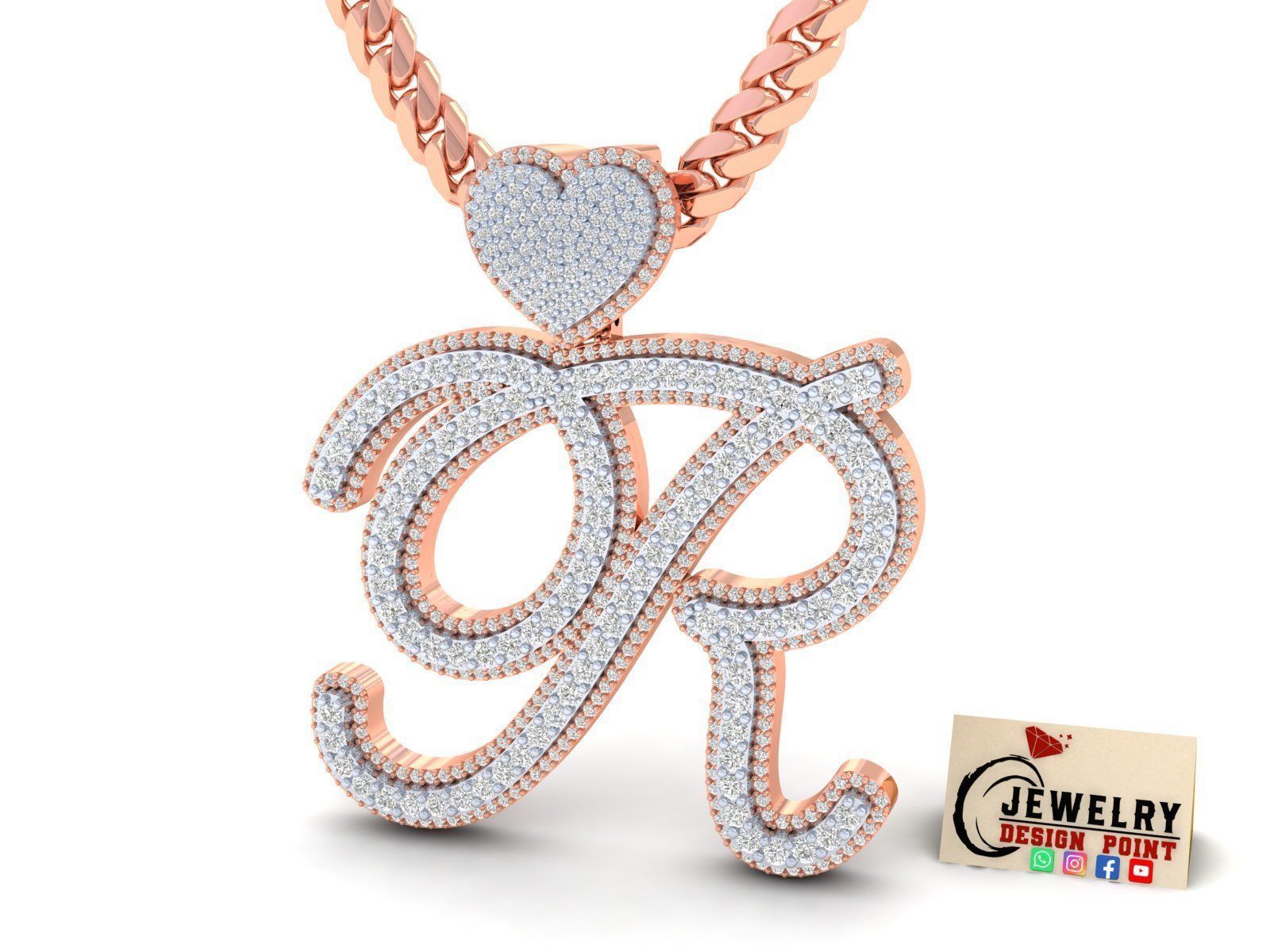 Custom Cursive Initial R Letter Diamond Pendant A to Z Alphabet 3D print model_2
