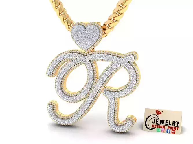 Custom Cursive Initial R Letter Diamond Pendant A to Z Alphabet 3D print model