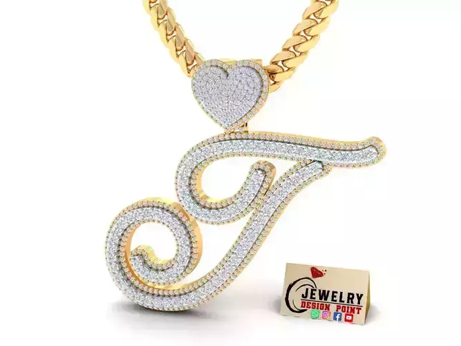 Custom Cursive Initial T Letter Diamond Pendant A to Z Alphabet 3D print model