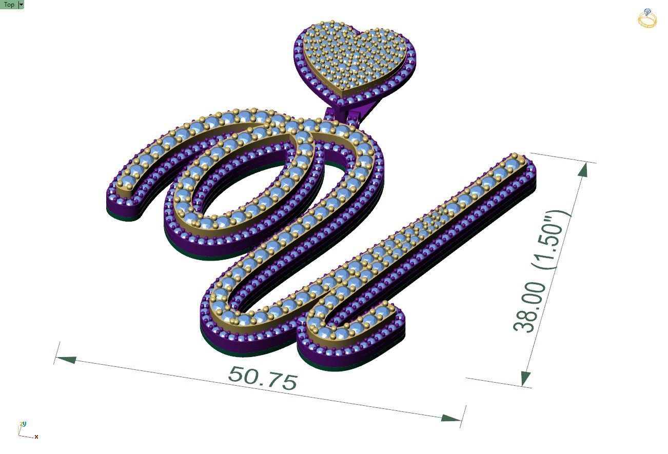 Custom Cursive Initial Q Letter Diamond Pendant A to Z Alphabet 3D print model_4