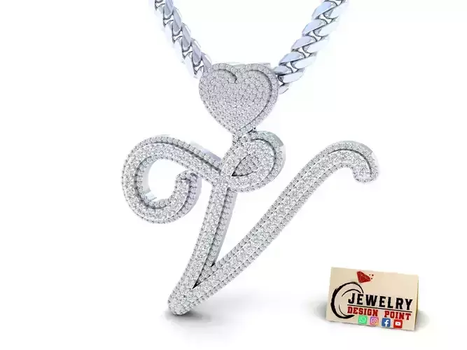 Custom Cursive Initial V Letter Diamond Pendant A to Z Alphabet 3D print model