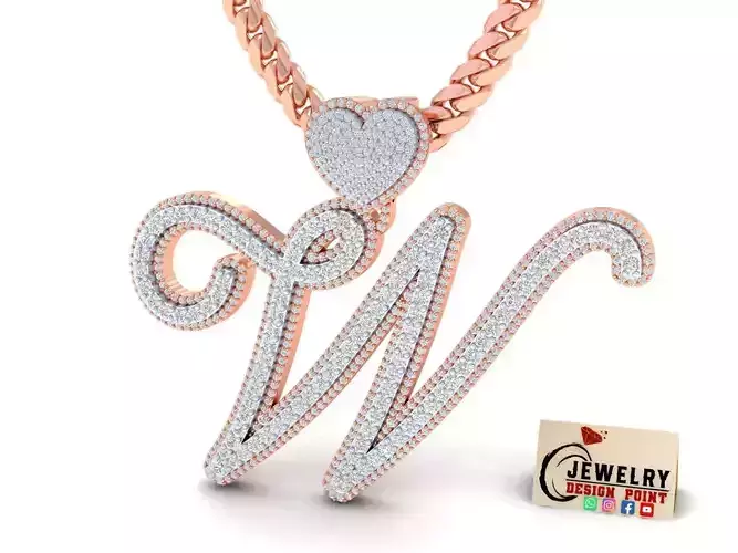Custom Cursive Initial W Letter Diamond Pendant A to Z Alphabet  3D print model