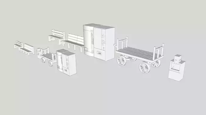Benches Luggage Cart Vending Coke Newspaper Machine HO N scales 3D print model