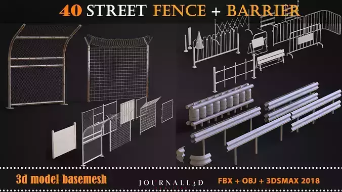 40 street fence and barrier Low-poly 3D model