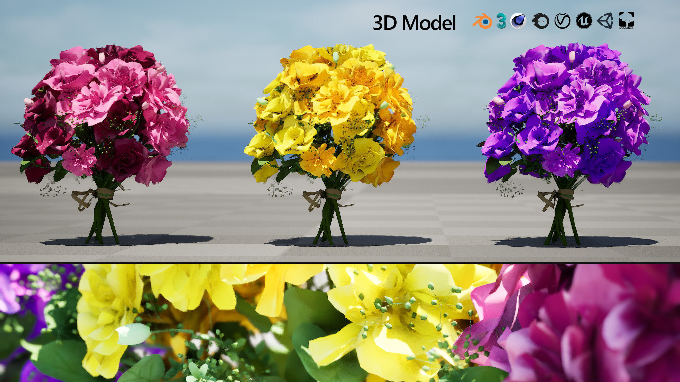 Vibrant Flower Bouquet 3D Model with free tutorial Low-poly 3D model_4