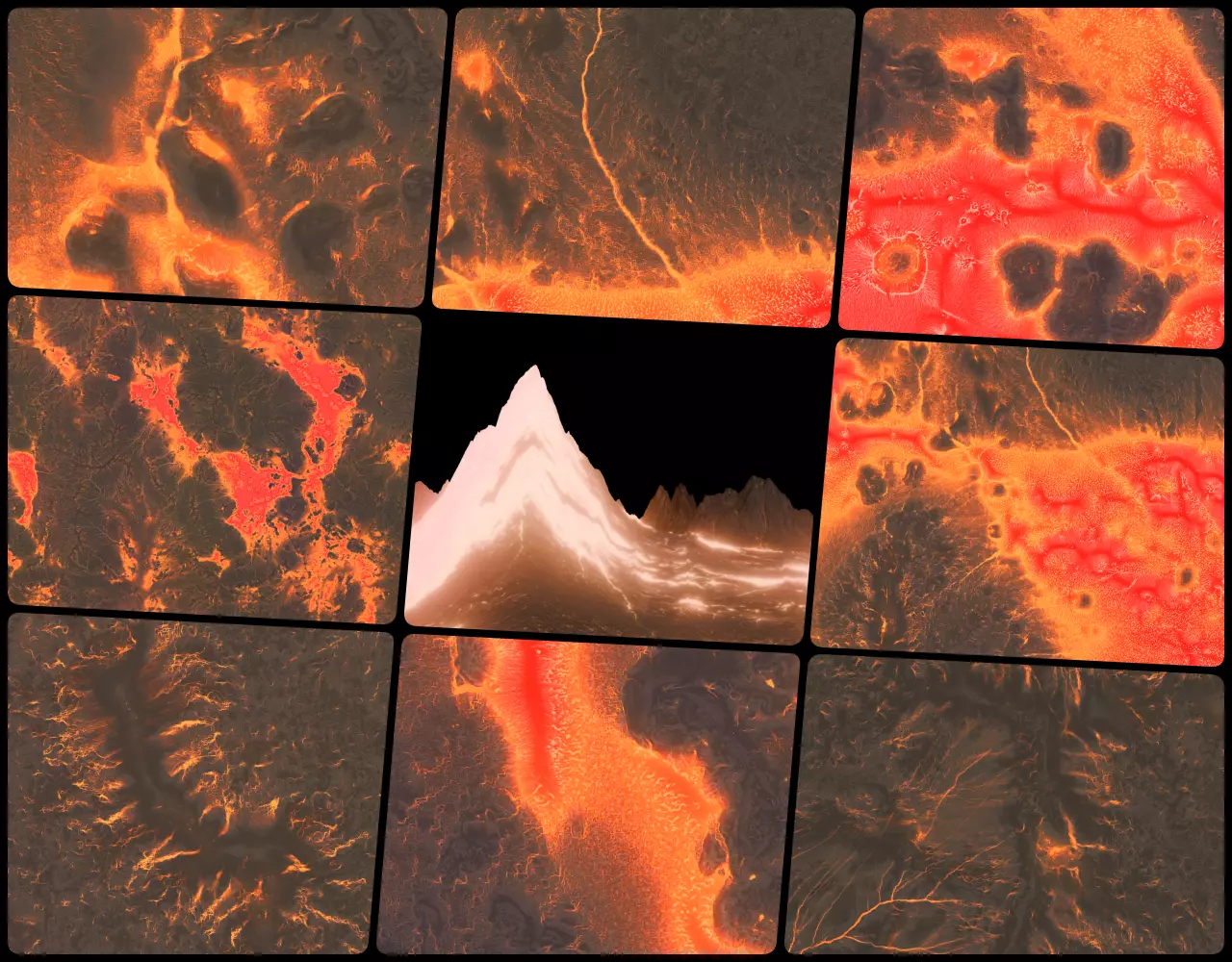 16k lava mountain field Seamless height map and 3D terrain Low-poly 3D model_0