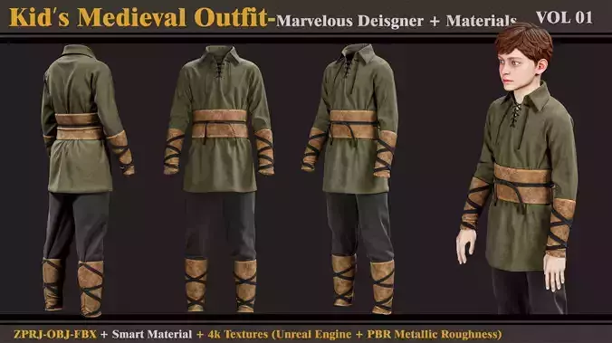 Kids Medieval Outfit-MD-Clo3d -Smart Material - Textures-OBJ-FBX