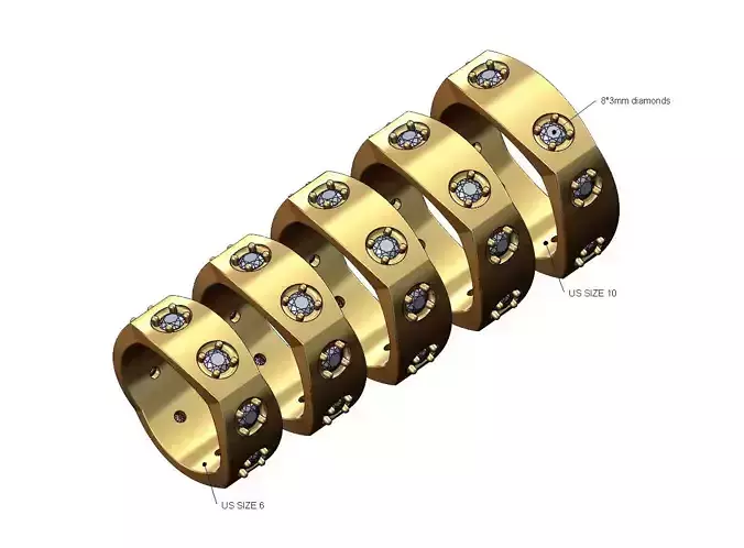 Double diamond rounded carved sides square ring US sizes 6to10