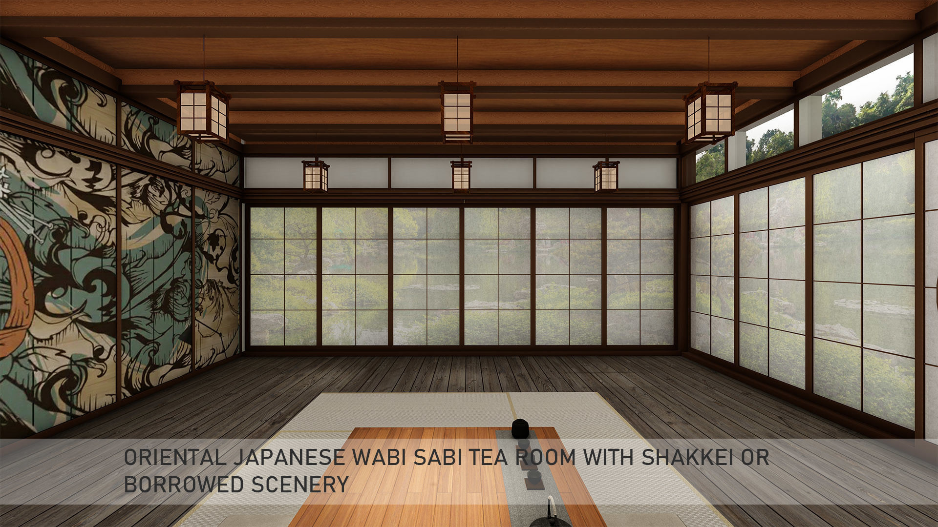 Oriental Japanese wabi sabi tea room with shakkei 3D model_3