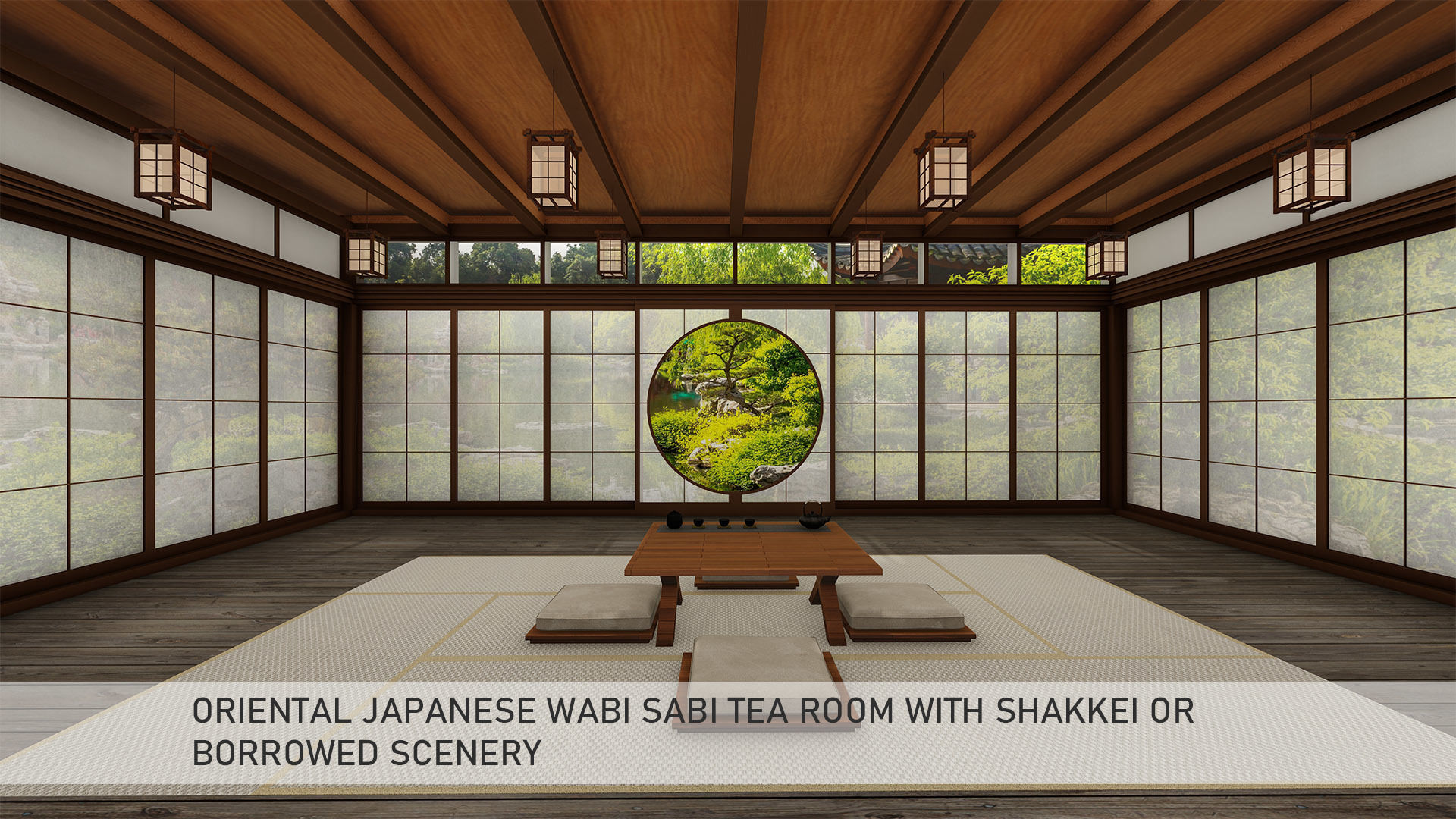 Oriental Japanese wabi sabi tea room with shakkei 3D model_1