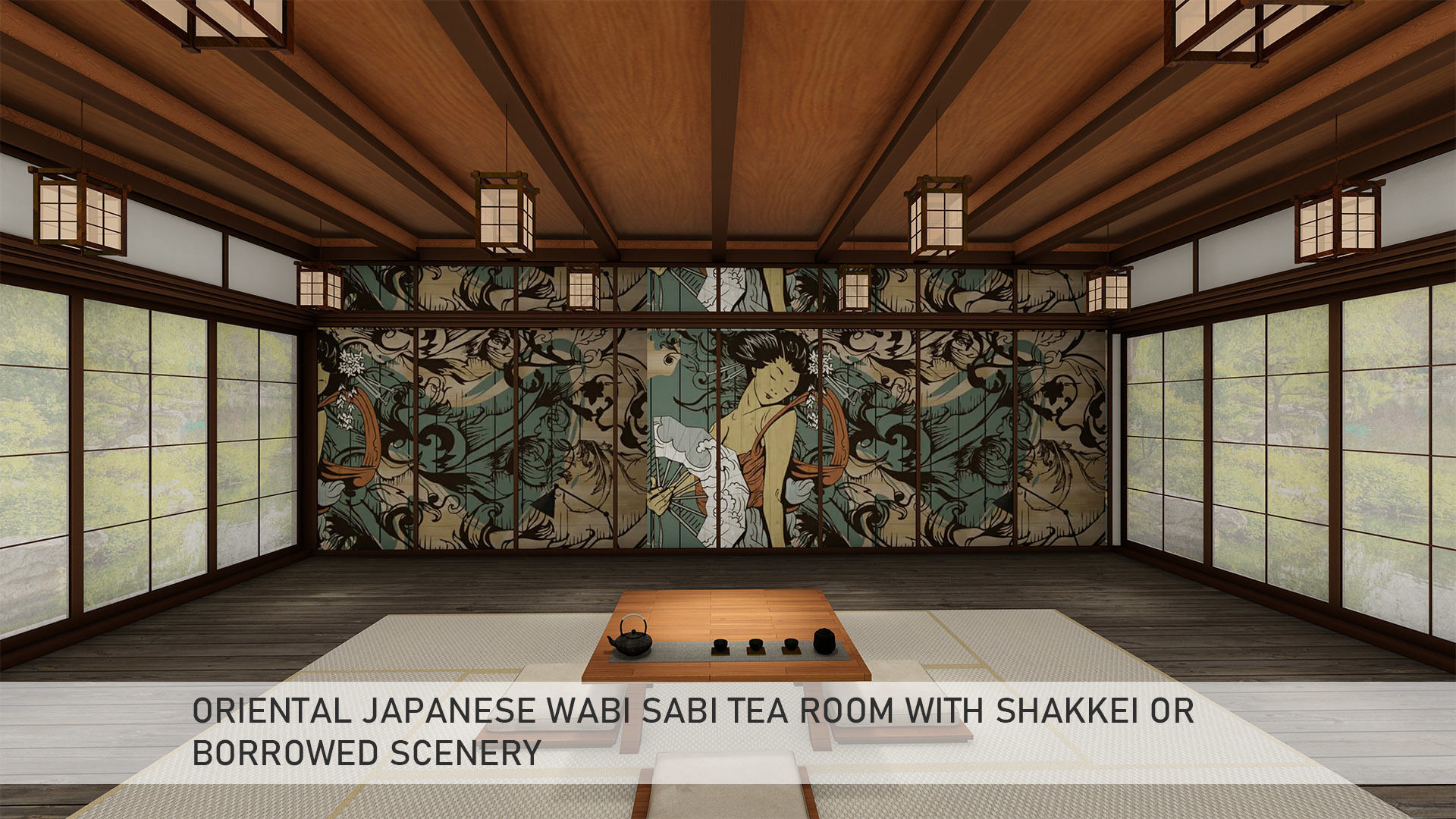 Oriental Japanese wabi sabi tea room with shakkei 3D model_2