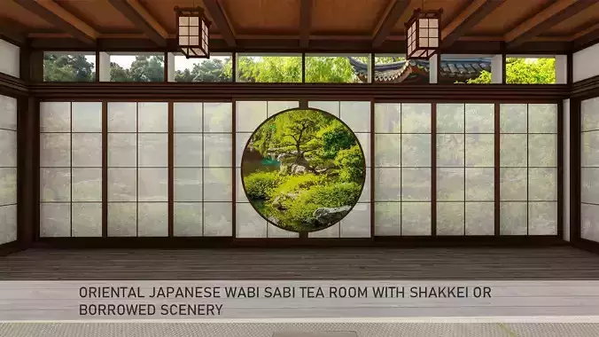 Oriental Japanese wabi sabi tea room with shakkei 3D model