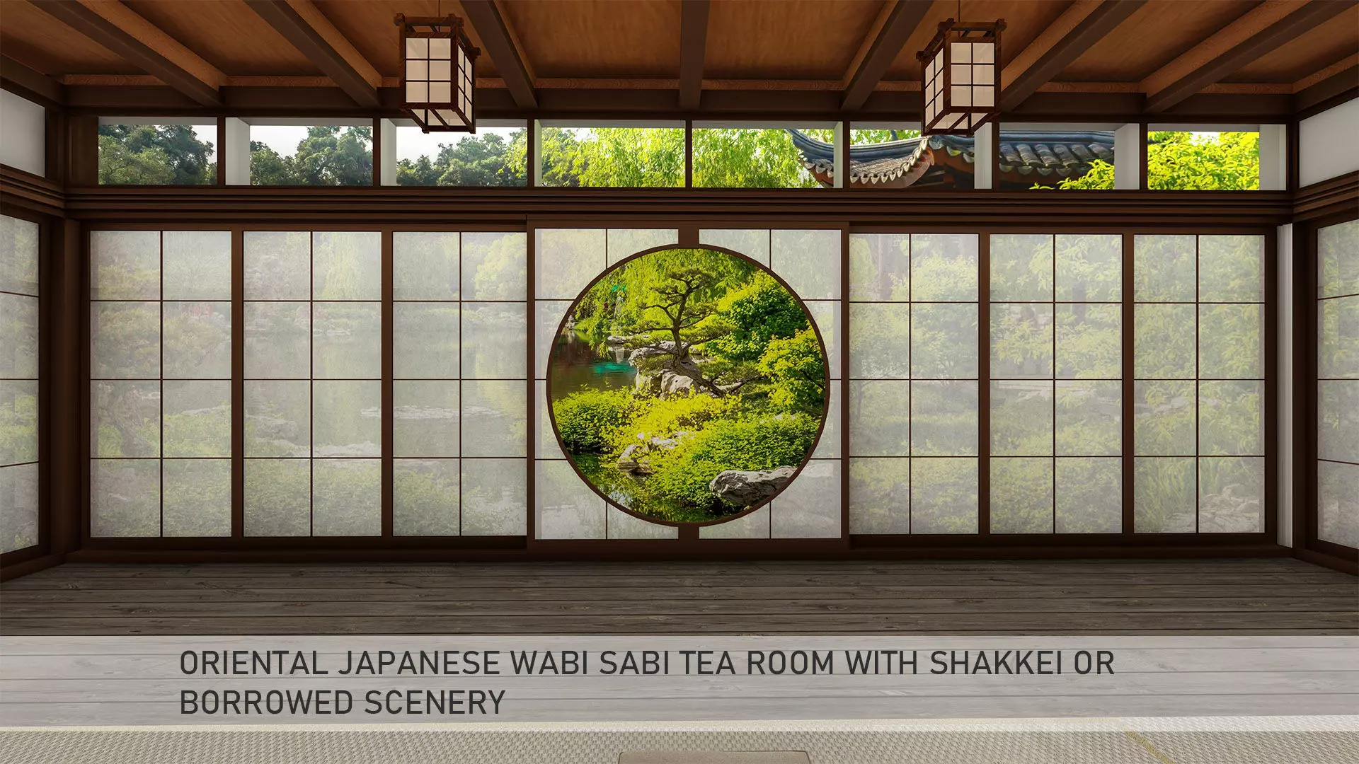 Oriental Japanese wabi sabi tea room with shakkei 3D model_0