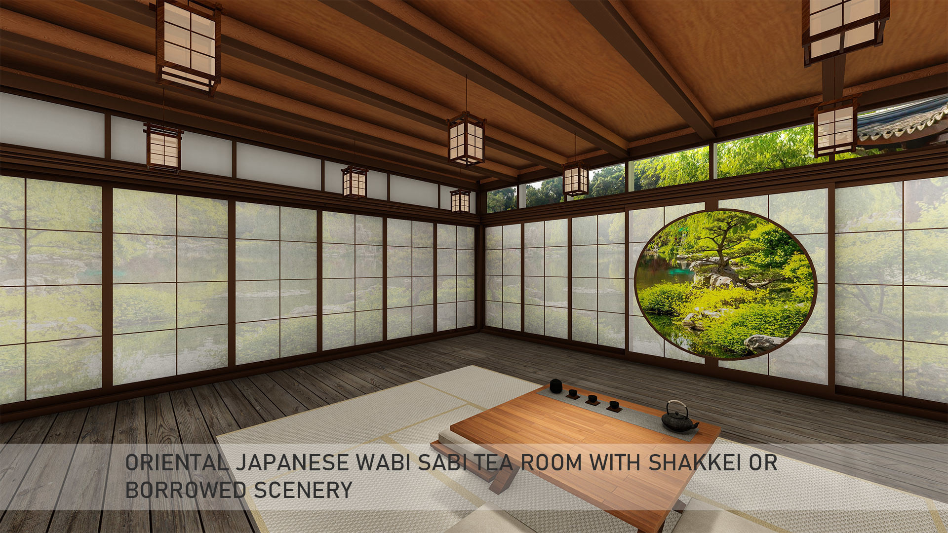 Oriental Japanese wabi sabi tea room with shakkei 3D model_4
