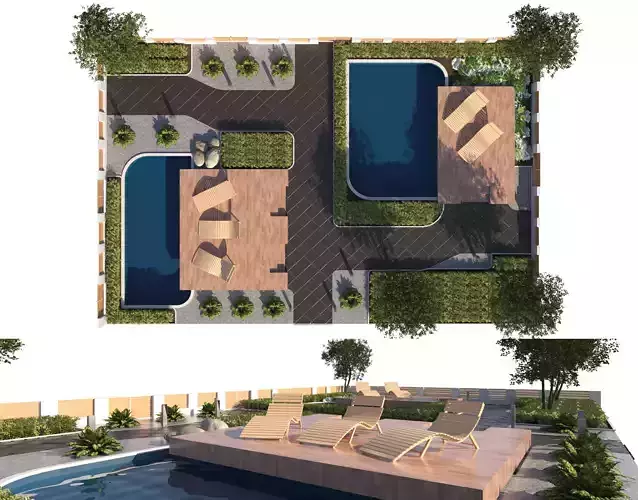 Wooden Deck Oasis Garden Low-poly 3D model