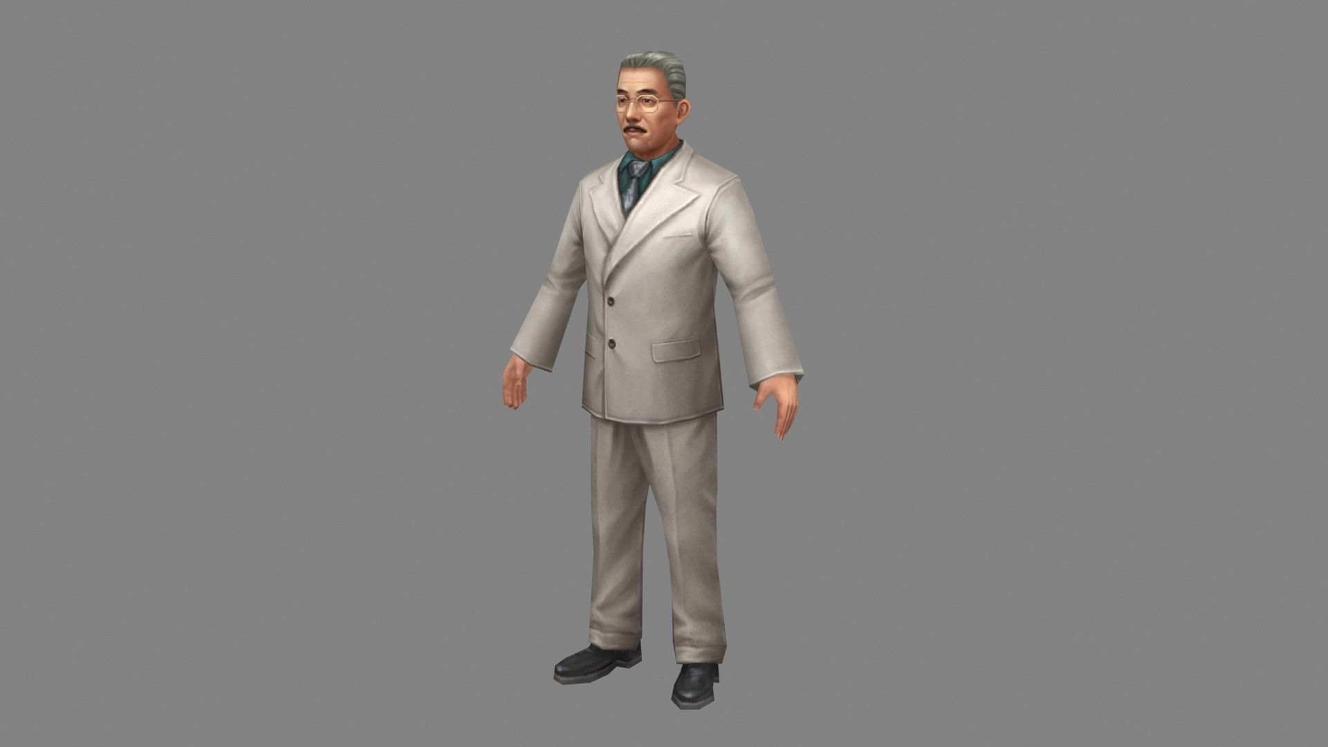 Cartoon old man in white suit with glasses Low-poly 3D model_1