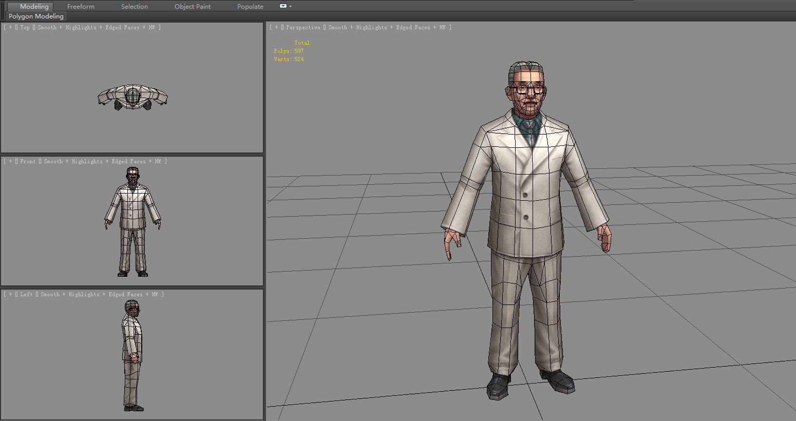 Cartoon old man in white suit with glasses Low-poly 3D model_4