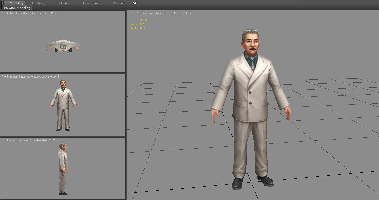 Cartoon old man in white suit with glasses Low-poly 3D model_3