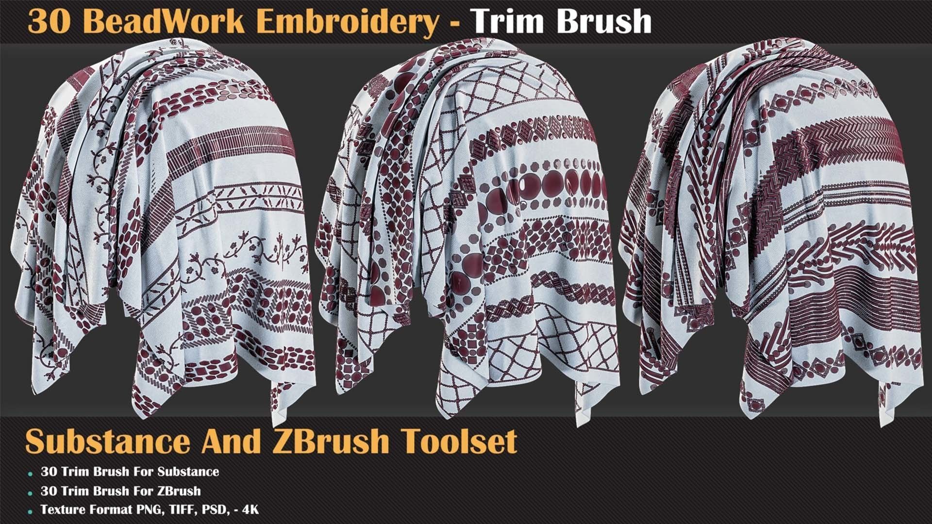30 BeadWork Embroidery - Trim Brush for Substance and ZBrush Texture_1