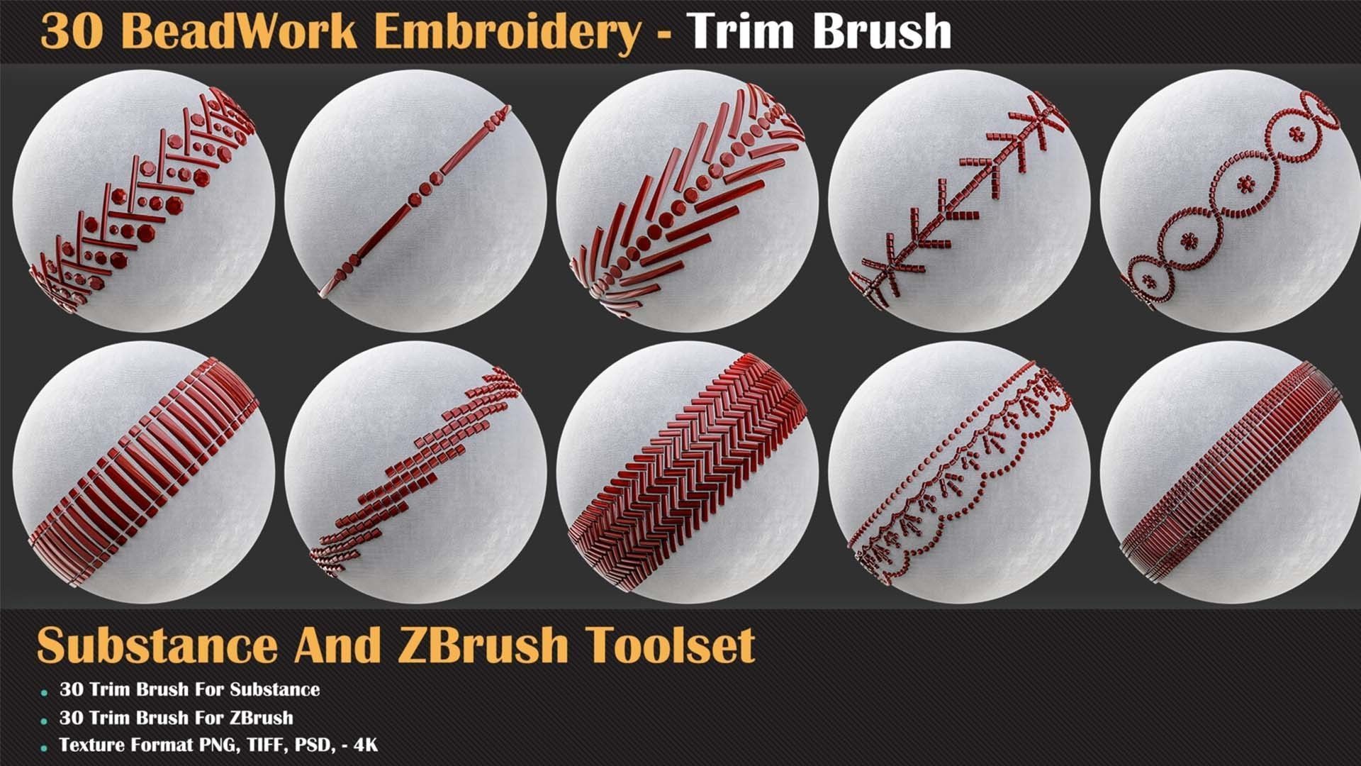 30 BeadWork Embroidery - Trim Brush for Substance and ZBrush Texture_2