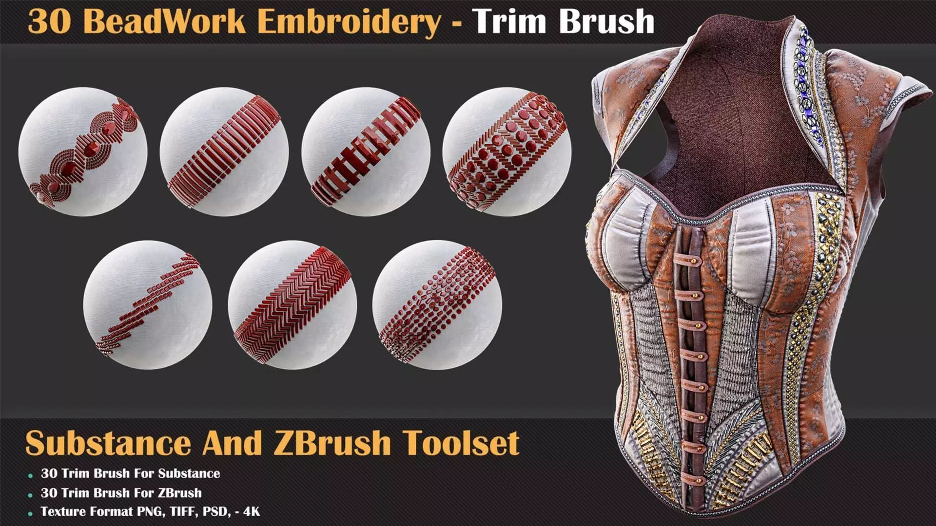 30 BeadWork Embroidery - Trim Brush for Substance and ZBrush Texture_0