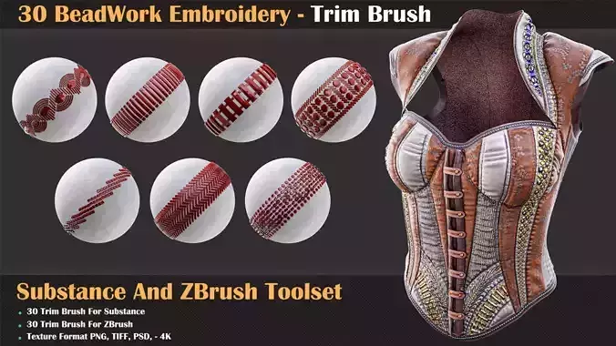 30 BeadWork Embroidery - Trim Brush for Substance and ZBrush  
