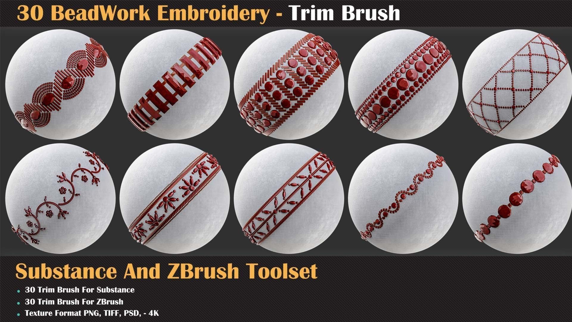 30 BeadWork Embroidery - Trim Brush for Substance and ZBrush Texture_3