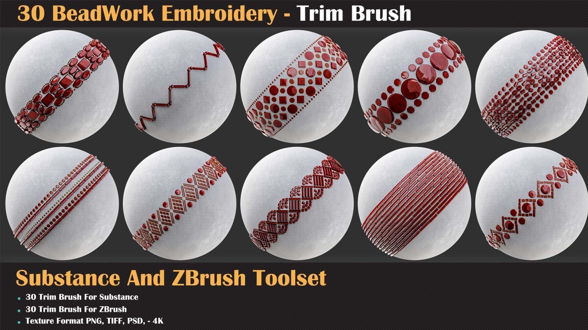 30 BeadWork Embroidery - Trim Brush for Substance and ZBrush Texture_4