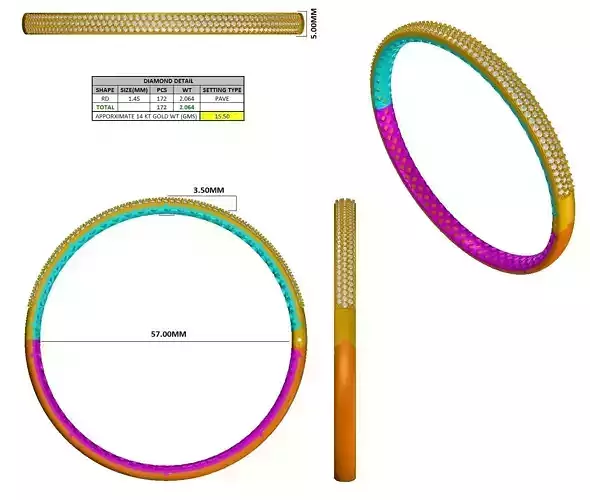 Gold Bangle Bracelet with Diamond 3D print model