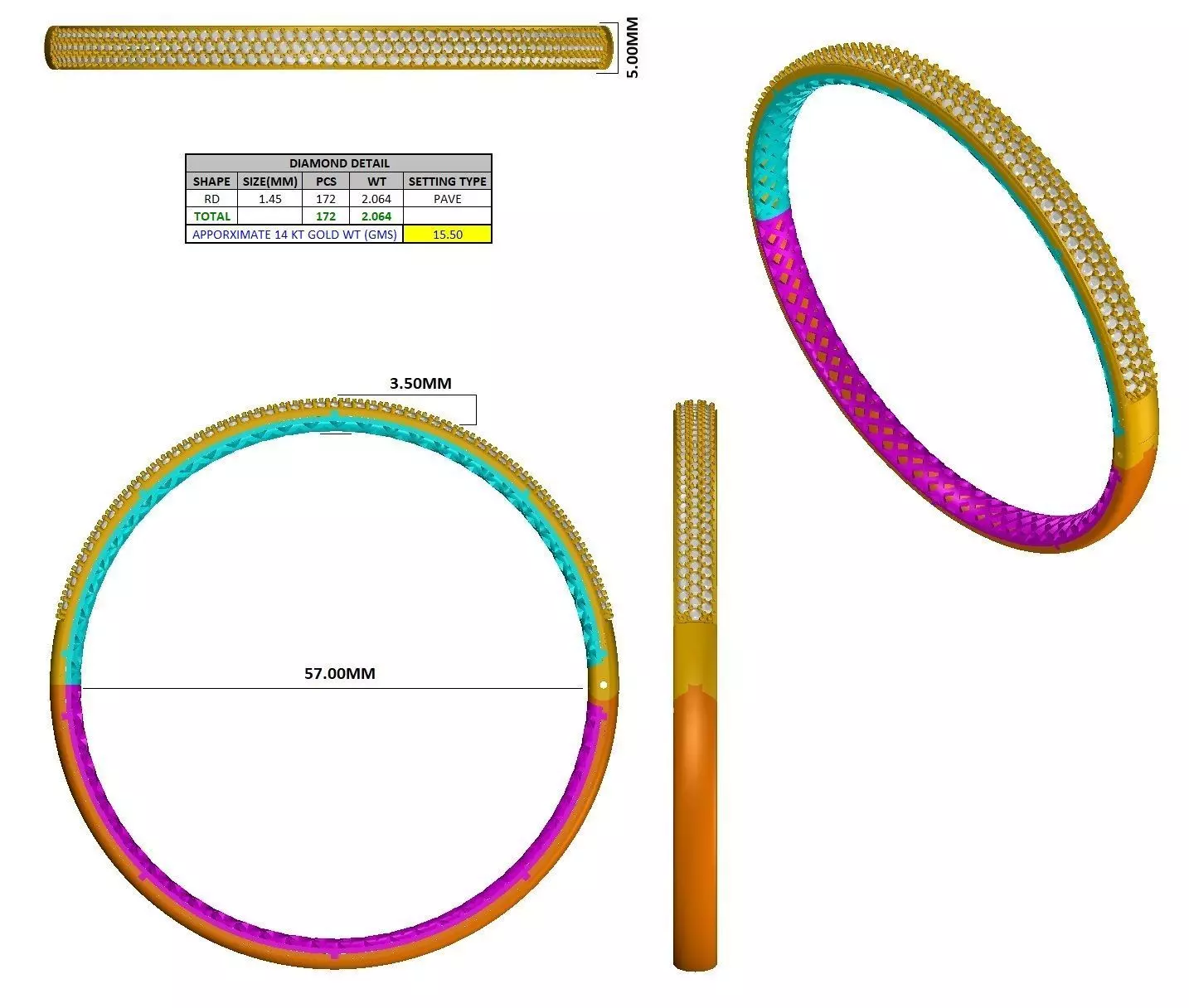 Gold Bangle Bracelet with Diamond 3D ready STL model for print Free 3D print model