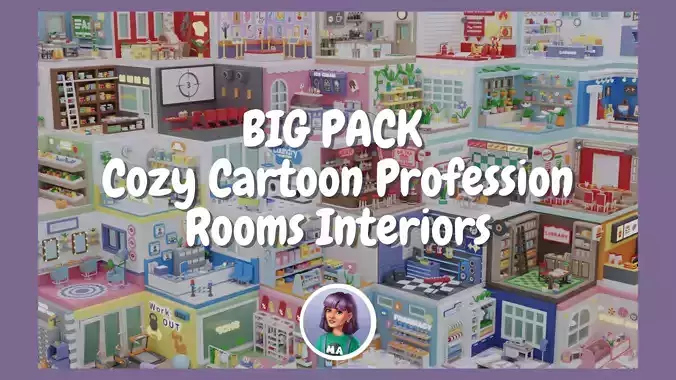 BIG PACK Cozy Cartoon Profession Rooms Interiors Low-poly 3D model