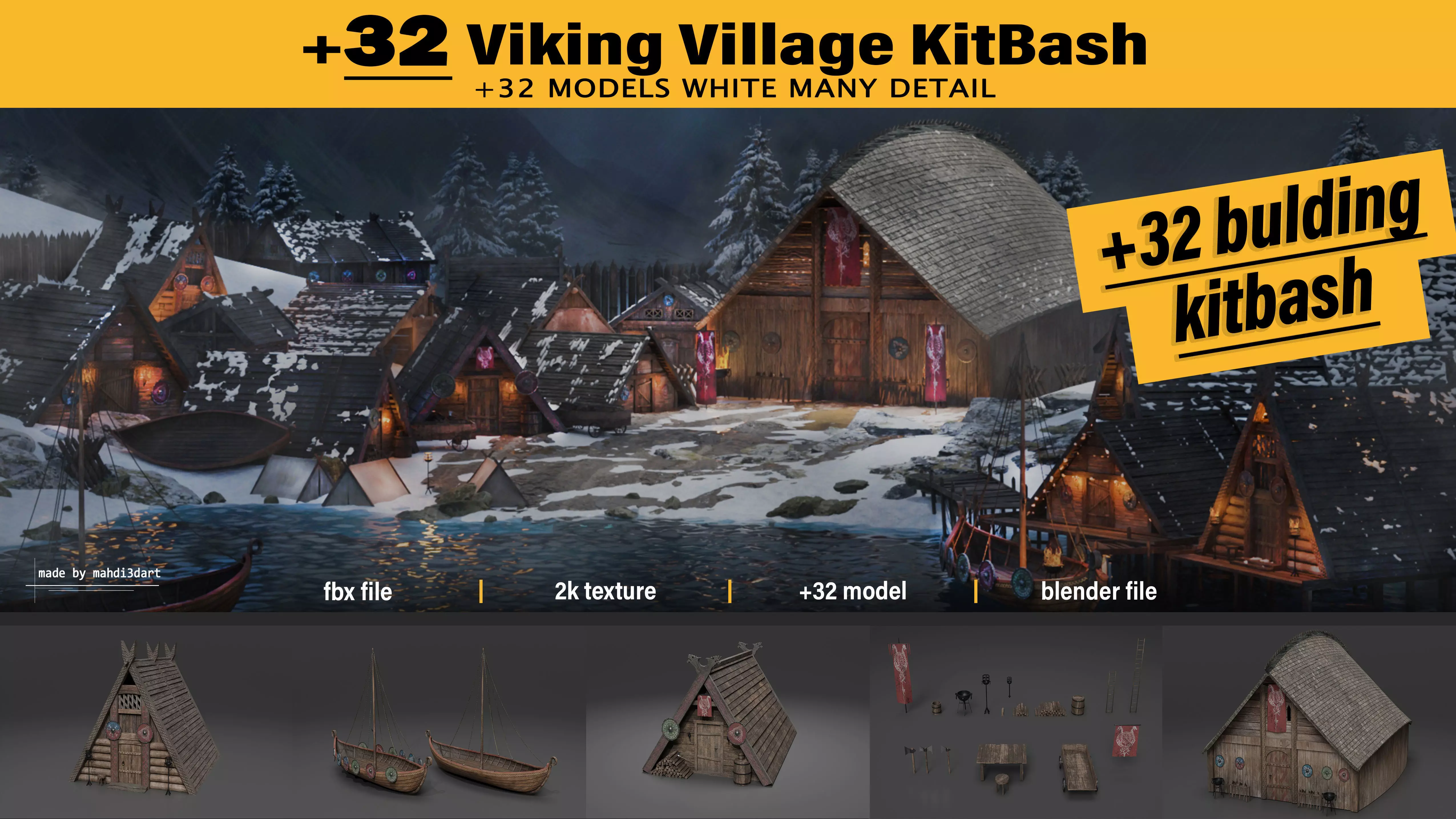 Viking building KitBash 3D model_0