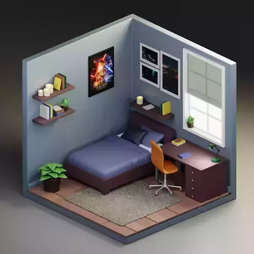 Isometric Bed Room low-poly 3D Model