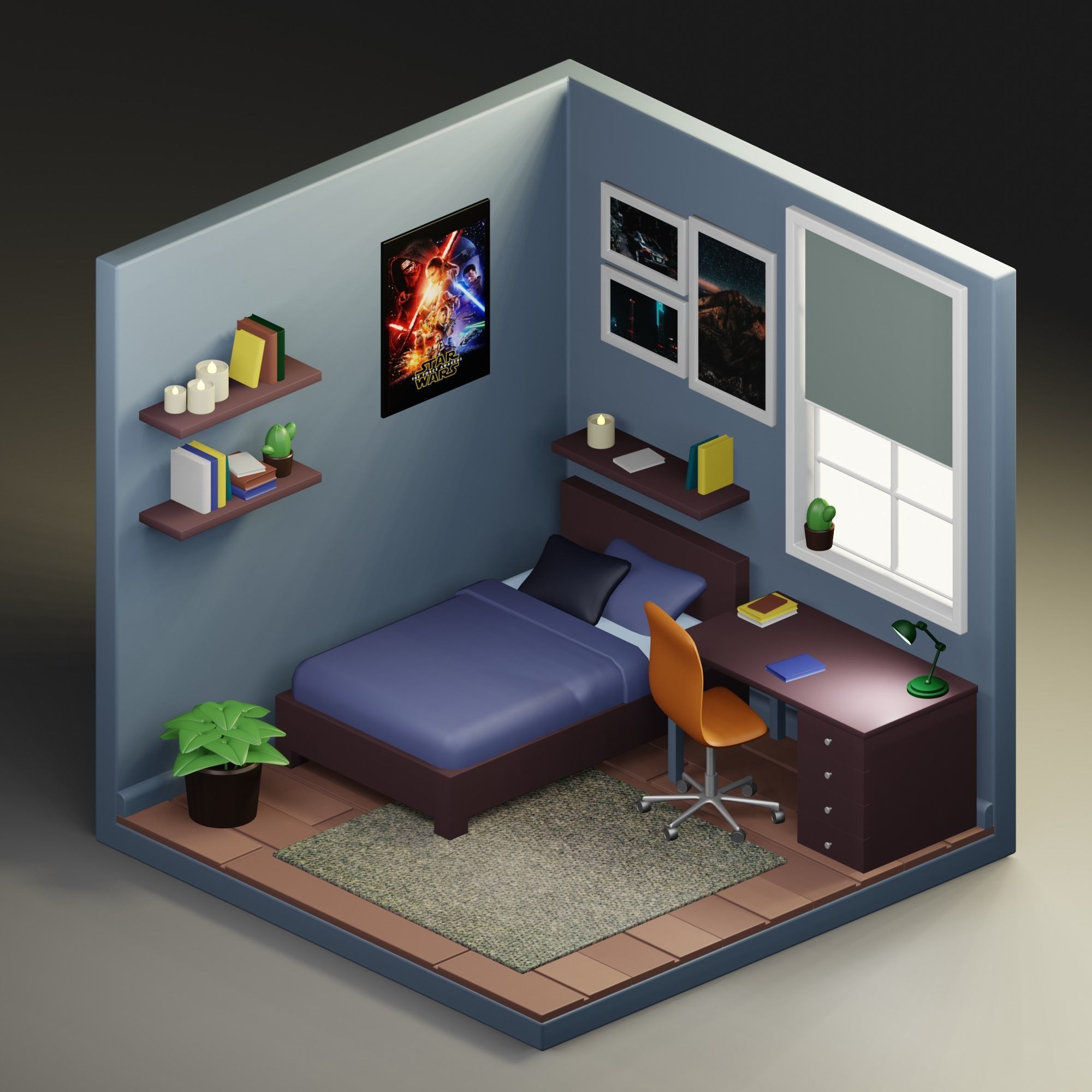 Isometric Bed Room low-poly 3D Model Low-poly 3D model_1