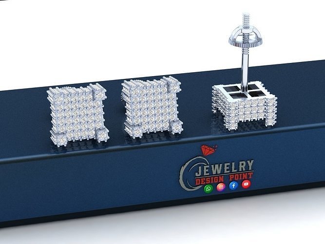 Custom Round White Diamond Square Shape Stud Earring Unisex 3D print model