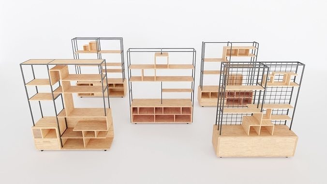 Collection 5 Modern Wood and Metal Shelves 3D model 2