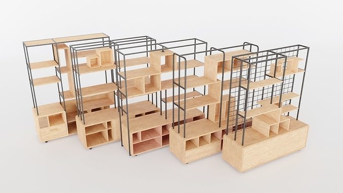 Collection 5 Modern Wood and Metal Shelves 3D model 3