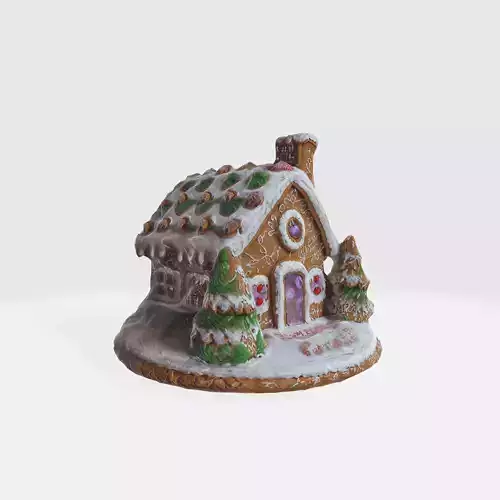 A small gingerbread house with a thatched roof 